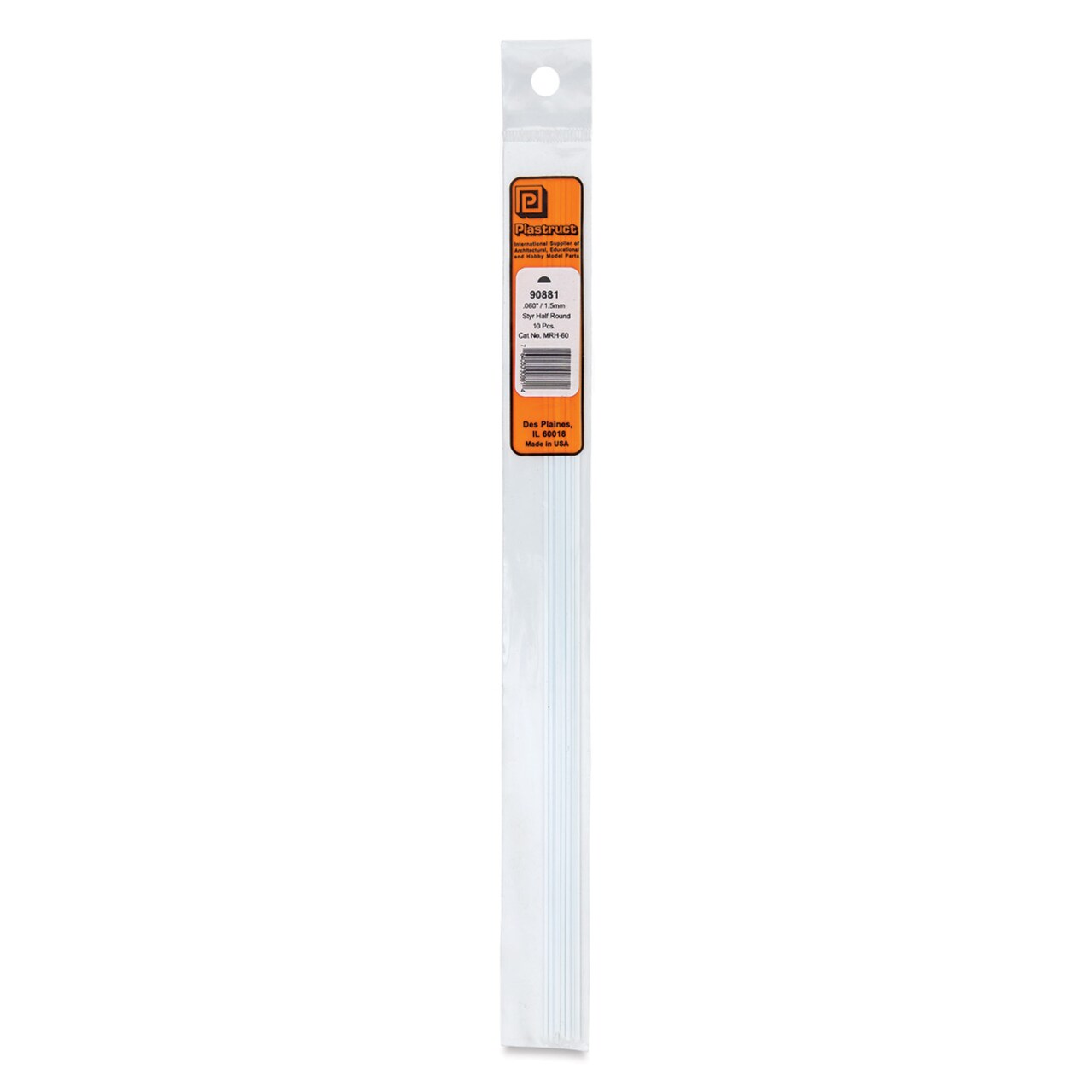 Plastruct Plastic Half-Round Rod - Pkg of 10, 0.06" Dia × 0.03" H × 10" L